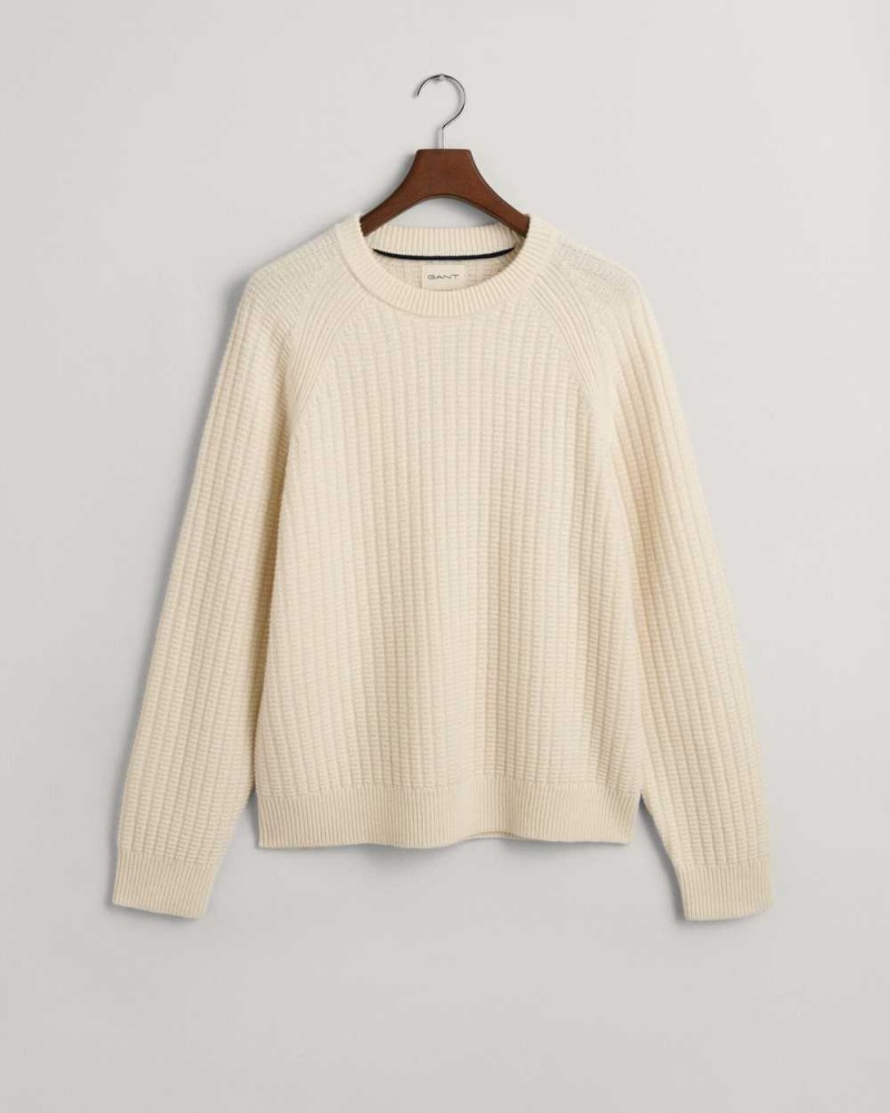 Gant Textured Crew Neck Men's Sweater Cream | QRUZD-7425