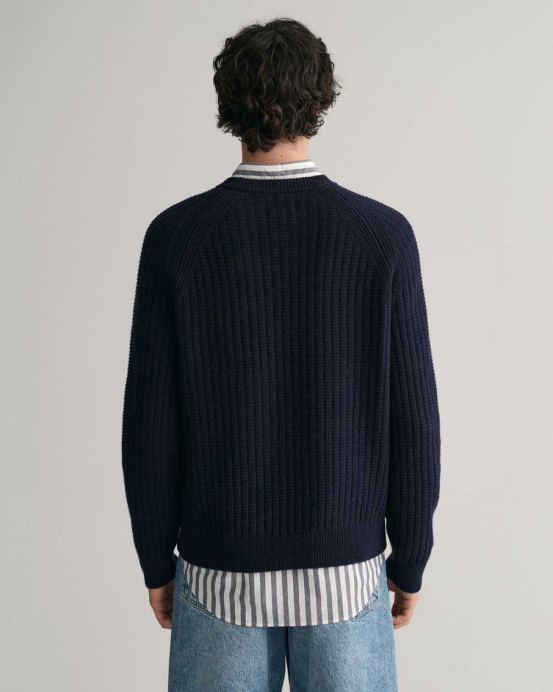 Gant Textured Crew Neck Men's Sweater Evening Blue | PGWNB-8713