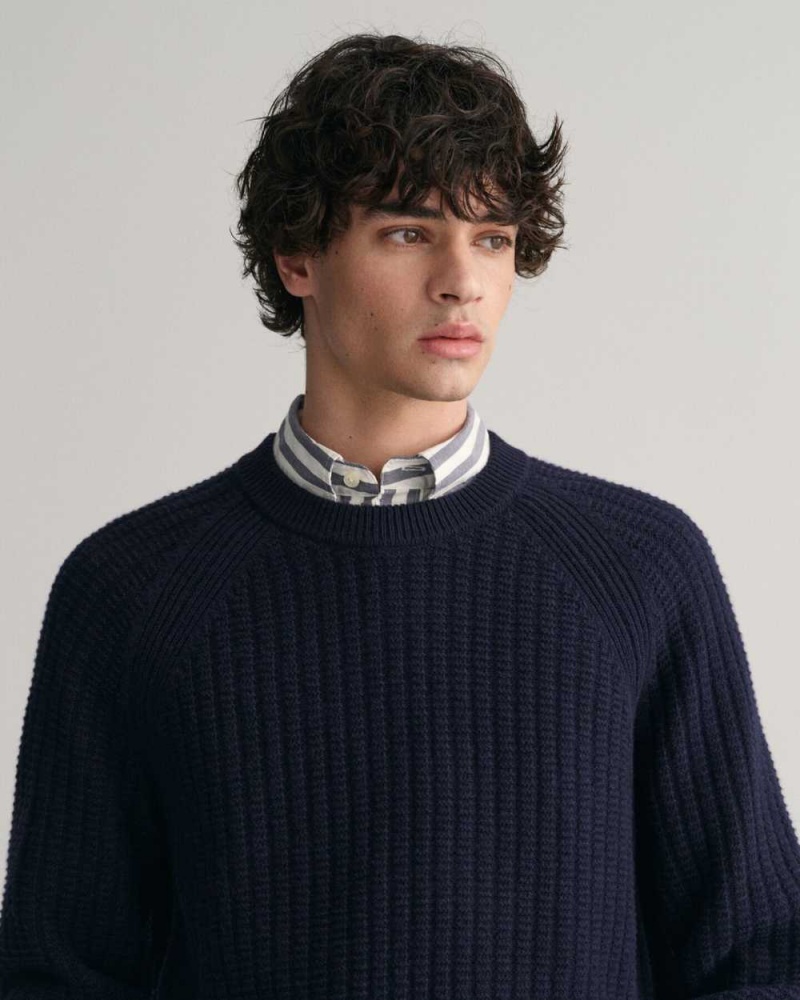 Gant Textured Crew Neck Men's Sweater Evening Blue | PGWNB-8713