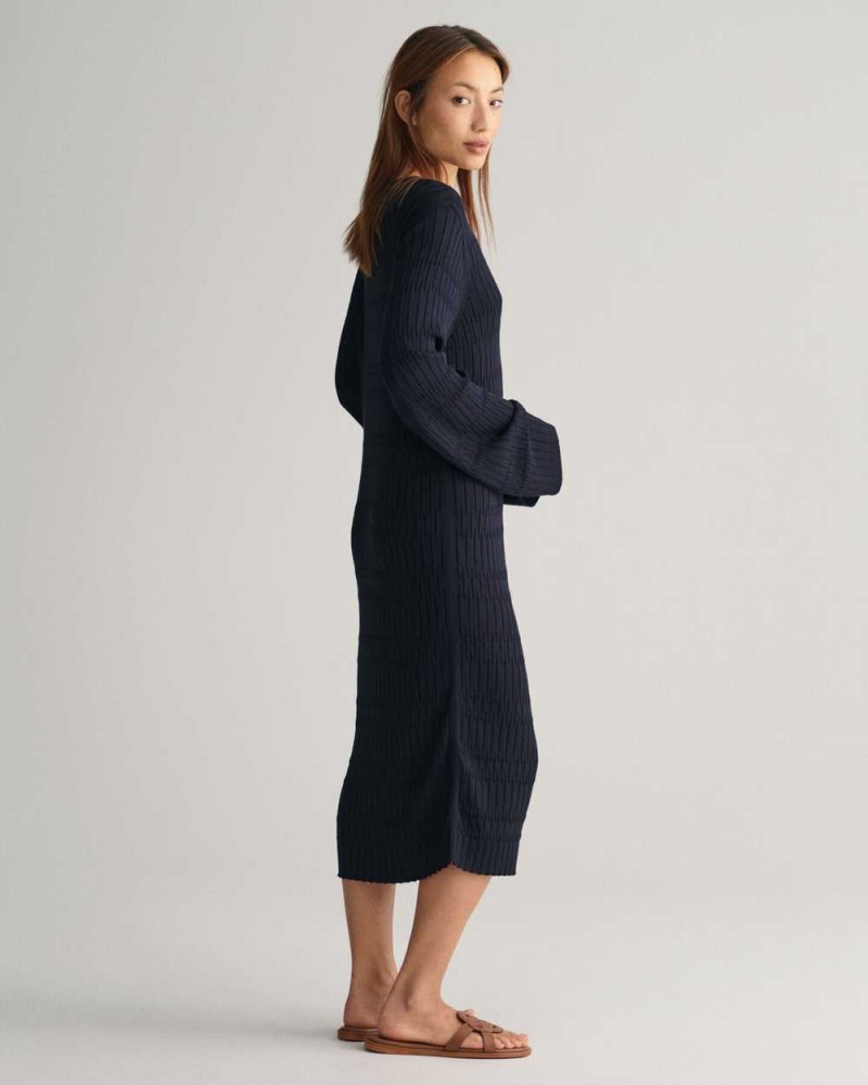 Gant Textured Knit Women's Dress Evening Blue | WEXTV-6923