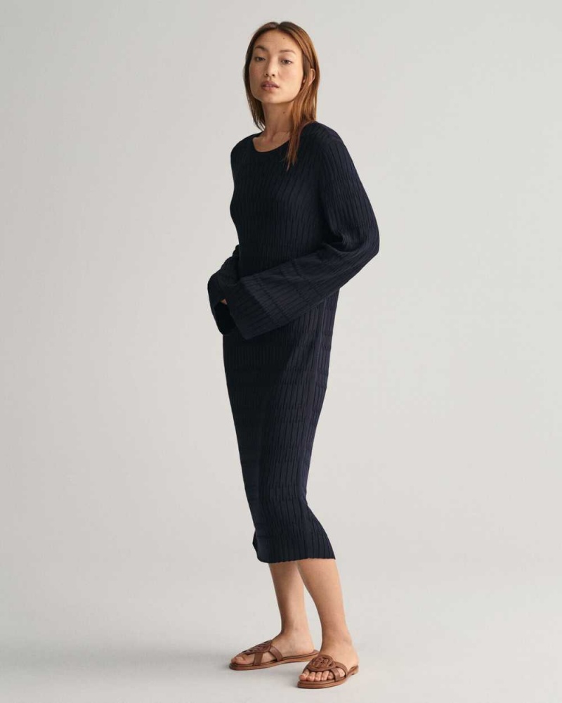 Gant Textured Knit Women's Dress Evening Blue | WEXTV-6923