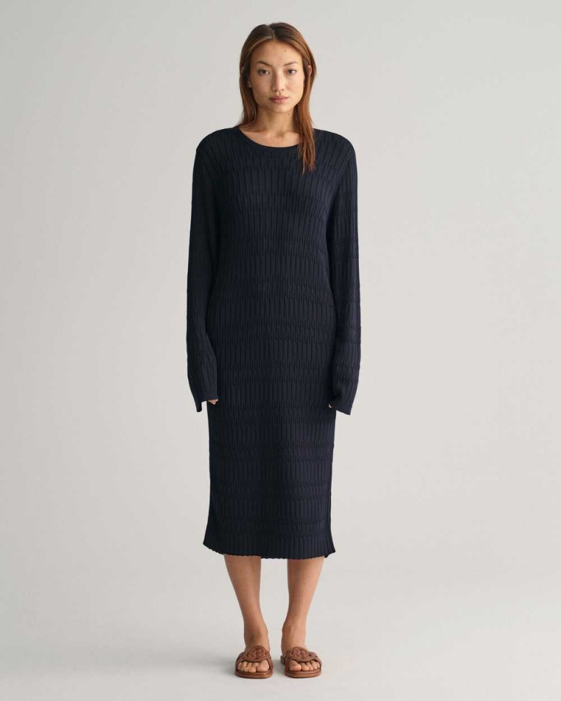 Gant Textured Knit Women\'s Dress Evening Blue | WEXTV-6923