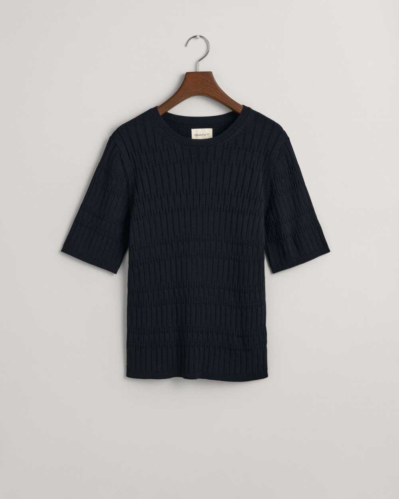 Gant Textured Short Sleeve Crew Neck Women's Sweater Evening Blue | IYCWH-4586