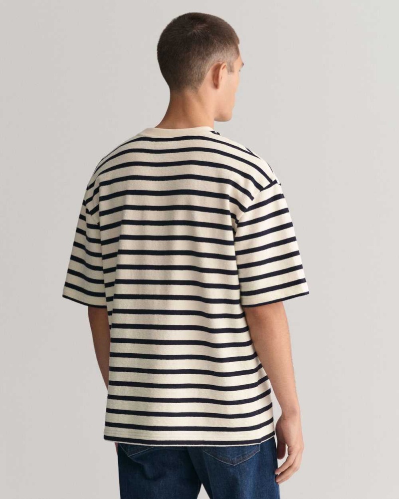 Gant Textured Striped Men's T-Shirt Cream | ROGBK-7893