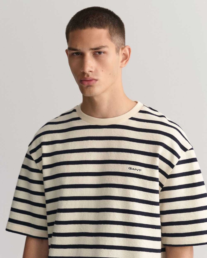 Gant Textured Striped Men's T-Shirt Cream | ROGBK-7893