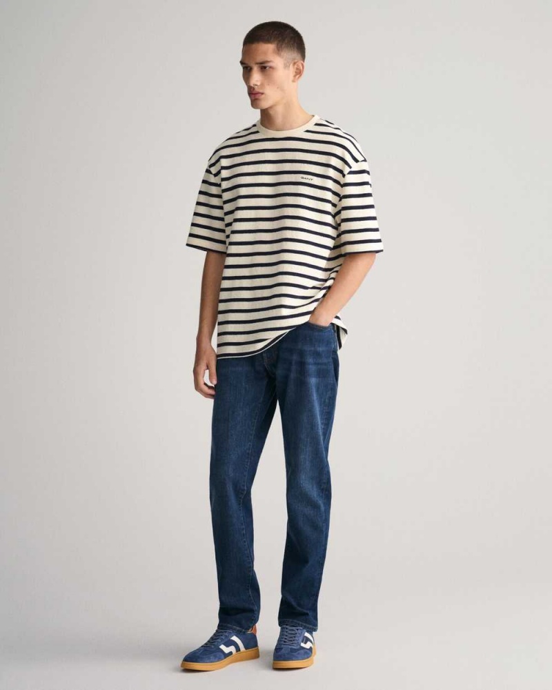 Gant Textured Striped Men's T-Shirt Cream | ROGBK-7893