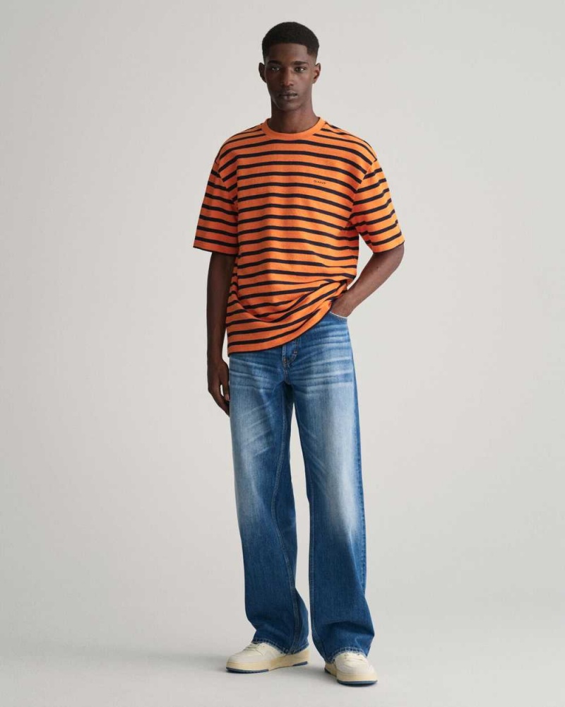 Gant Textured Striped Men's T-Shirt Pumpkin Orange | MHLJX-1403