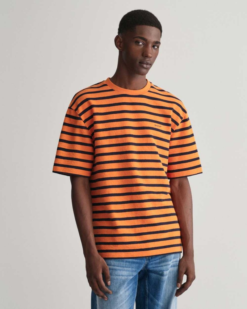 Gant Textured Striped Men\'s T-Shirt Pumpkin Orange | MHLJX-1403