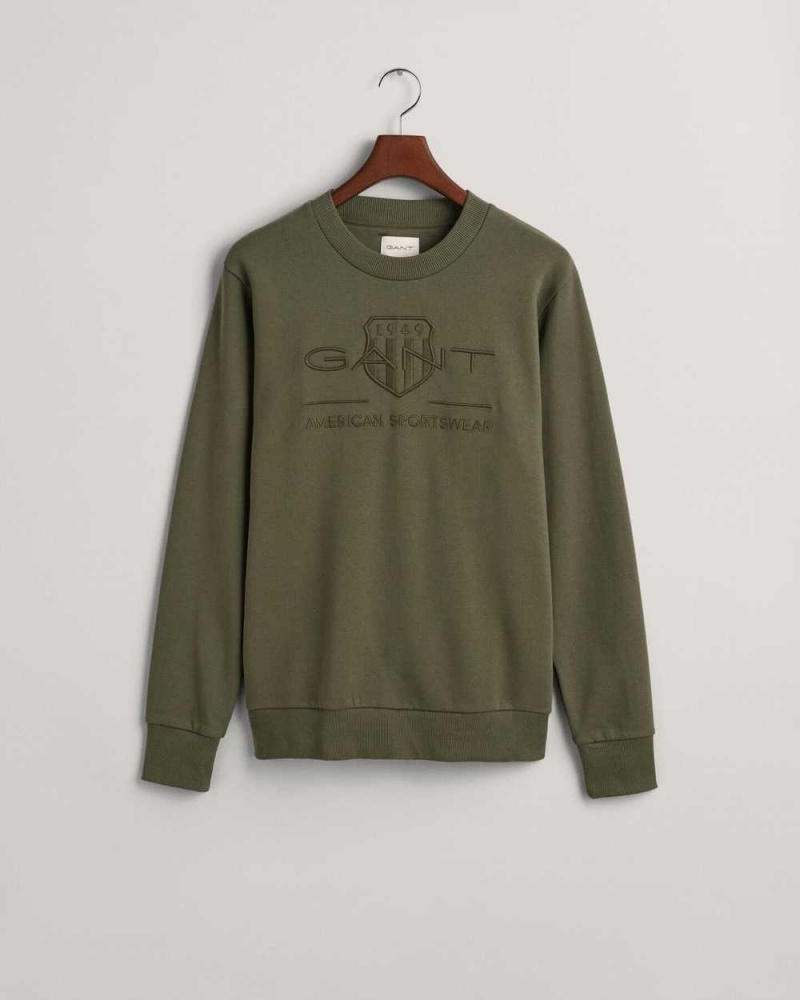 Gant Tonal Archive Shield Crew Neck Men's Sweatshirts Racing Green | GVPWH-9724