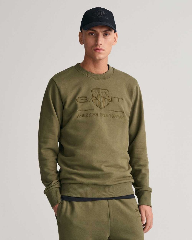 Gant Tonal Archive Shield Crew Neck Men\'s Sweatshirts Racing Green | GVPWH-9724