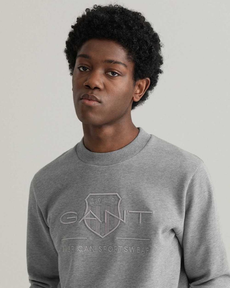 Gant Tonal Archive Shield Crew Neck Men's Sweatshirts Grey Melange | YBAXC-0487