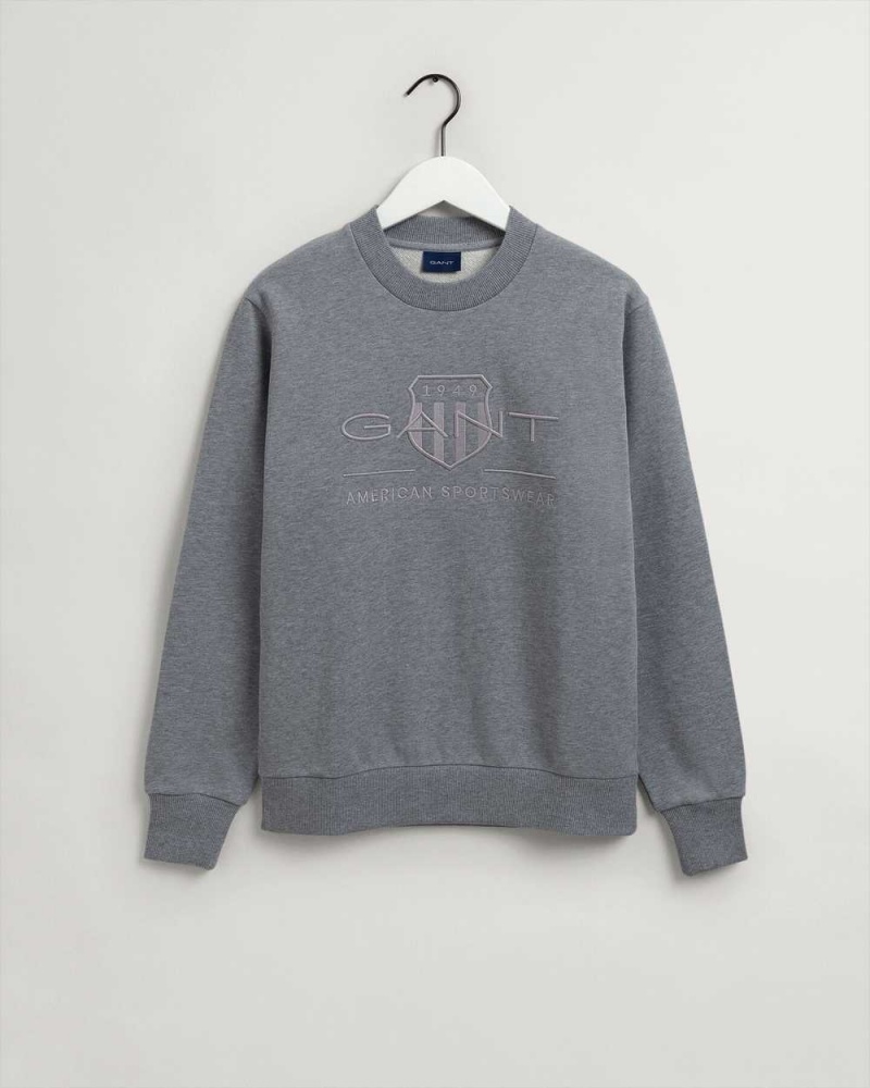 Gant Tonal Archive Shield Crew Neck Men's Sweatshirts Grey Melange | YBAXC-0487