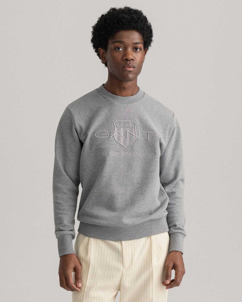 Gant Tonal Archive Shield Crew Neck Men\'s Sweatshirts Grey Melange | YBAXC-0487