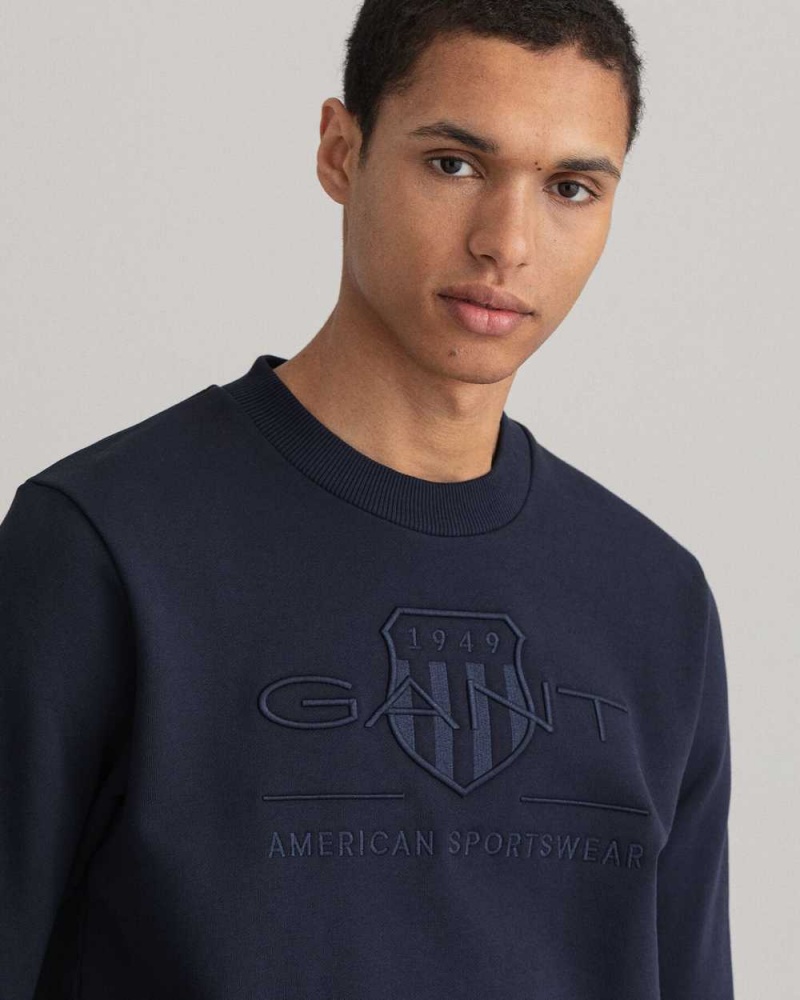 Gant Tonal Archive Shield Crew Neck Men's Sweatshirts Evening Blue | BEWJQ-3914