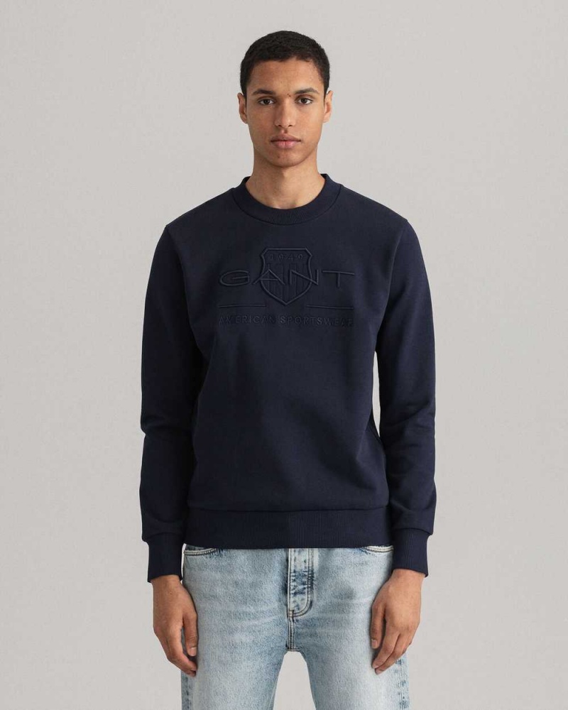 Gant Tonal Archive Shield Crew Neck Men\'s Sweatshirts Evening Blue | BEWJQ-3914