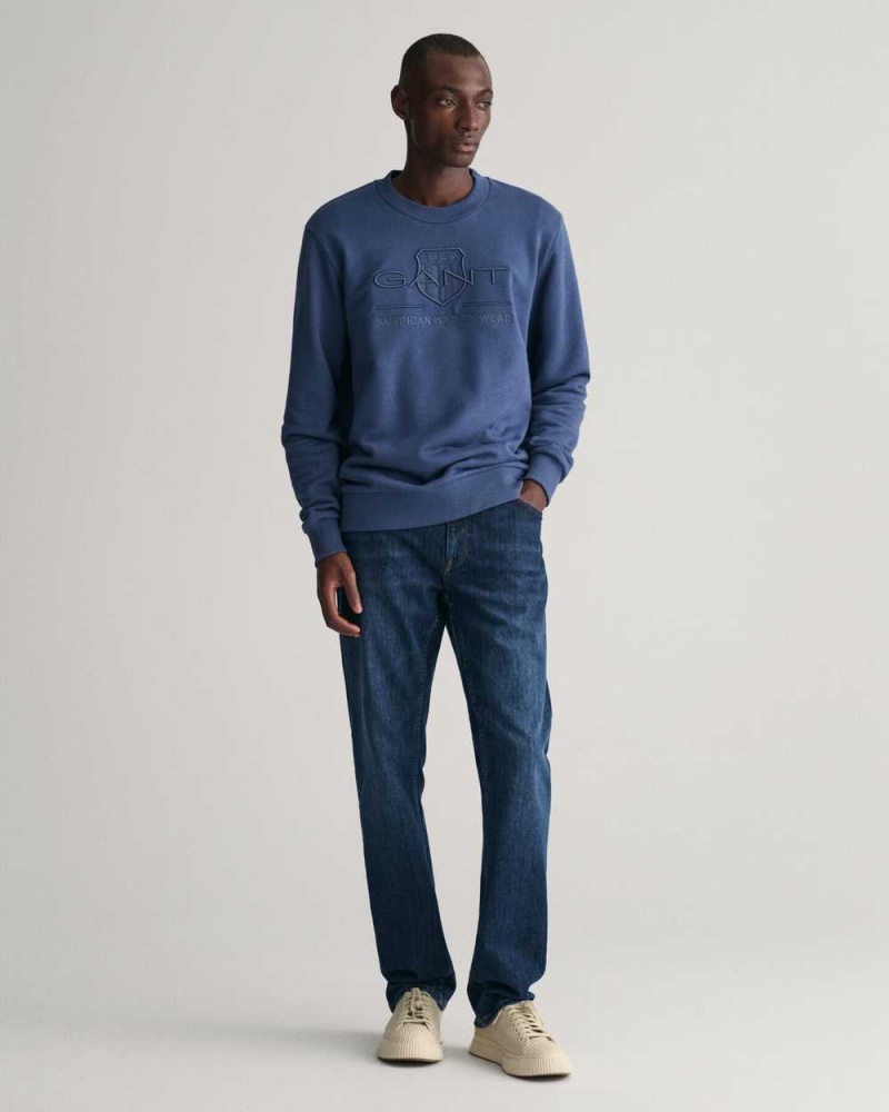 Gant Tonal Archive Shield Crew Neck Men's Sweatshirts Dusty Blue Sea | YQBJR-8246