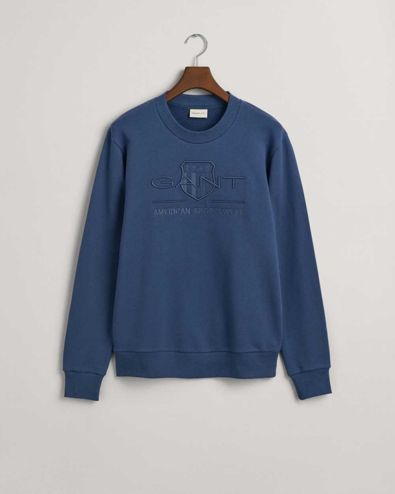 Gant Tonal Archive Shield Crew Neck Men's Sweatshirts Dusty Blue Sea | YQBJR-8246