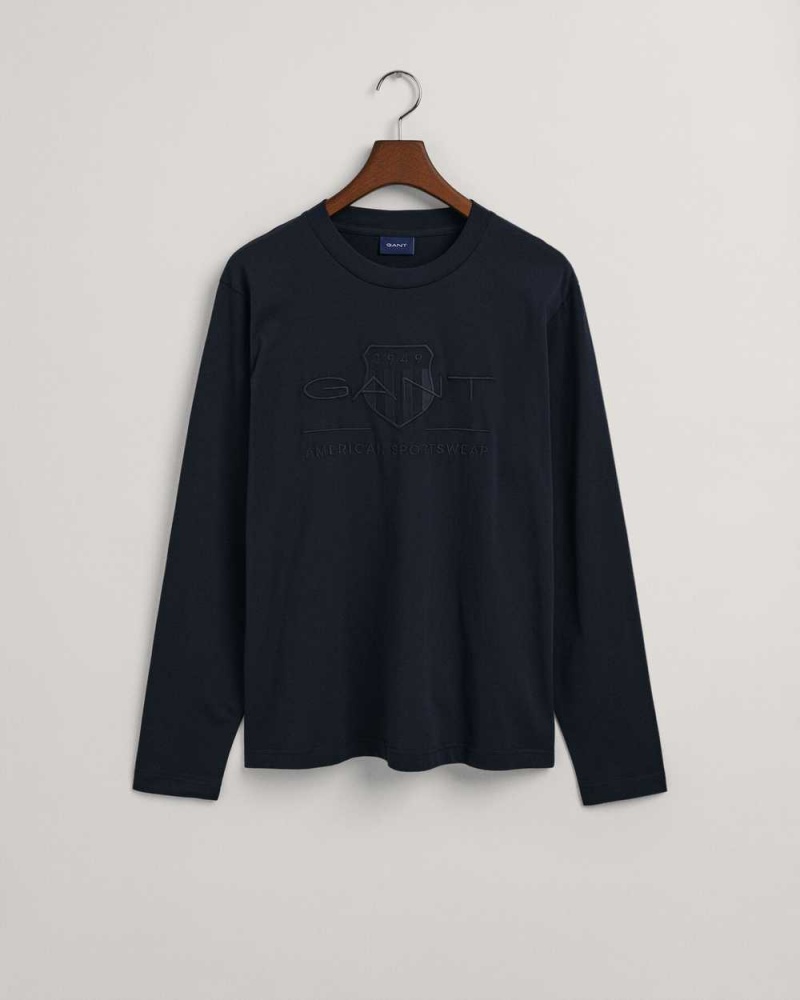 Gant Tonal Archive Shield Long Sleeve Men's T-Shirt Evening Blue | BSZNI-5831