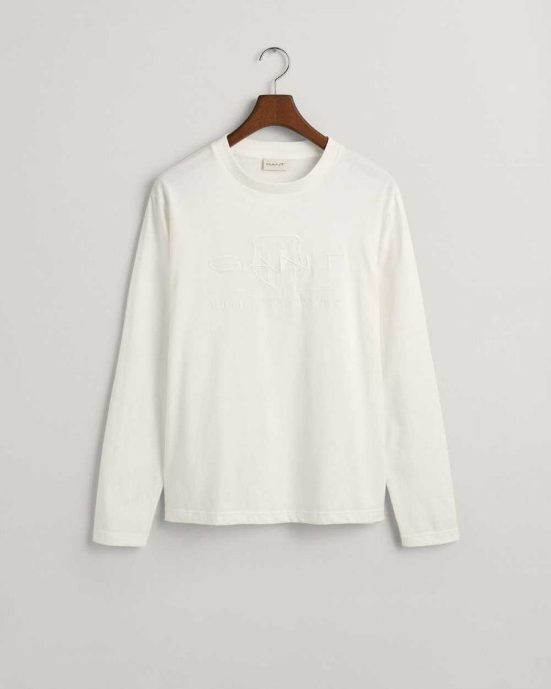 Gant Tonal Archive Shield Long Sleeve Men's T-Shirt Beige White | UQNXC-0513