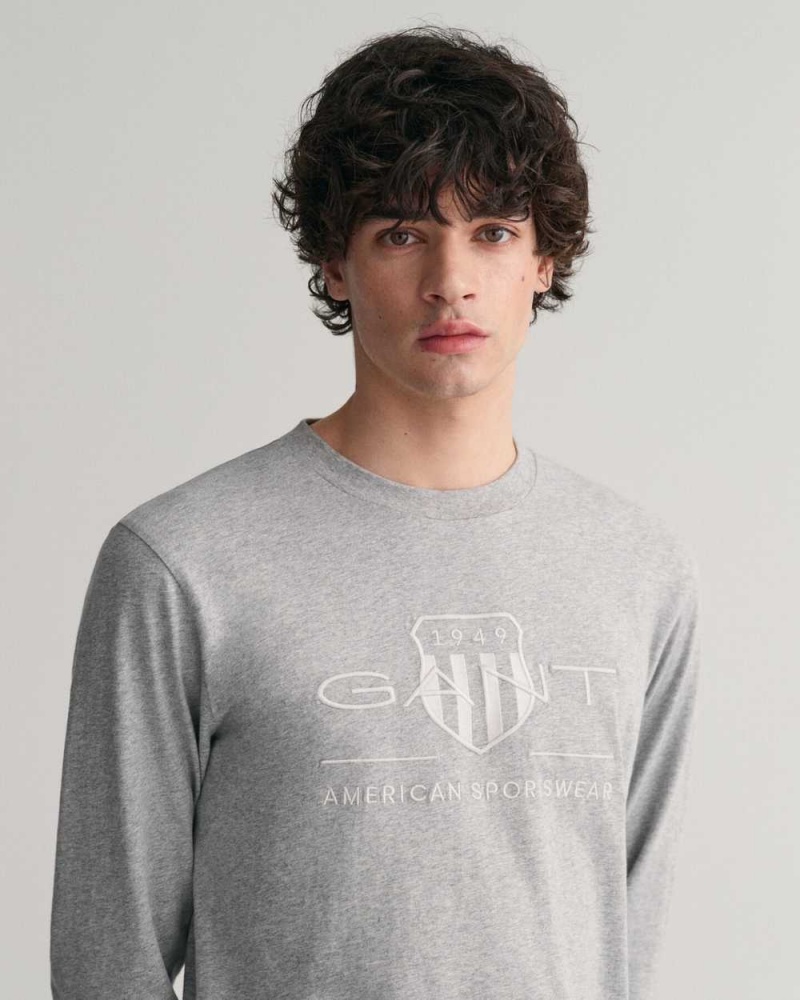 Gant Tonal Archive Shield Long Sleeve Men's T-Shirt Grey Melange | BCIKD-0295