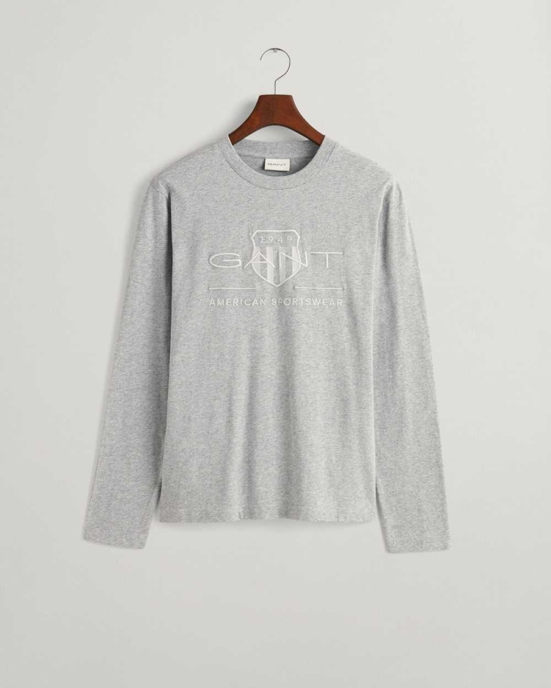 Gant Tonal Archive Shield Long Sleeve Men's T-Shirt Grey Melange | BCIKD-0295