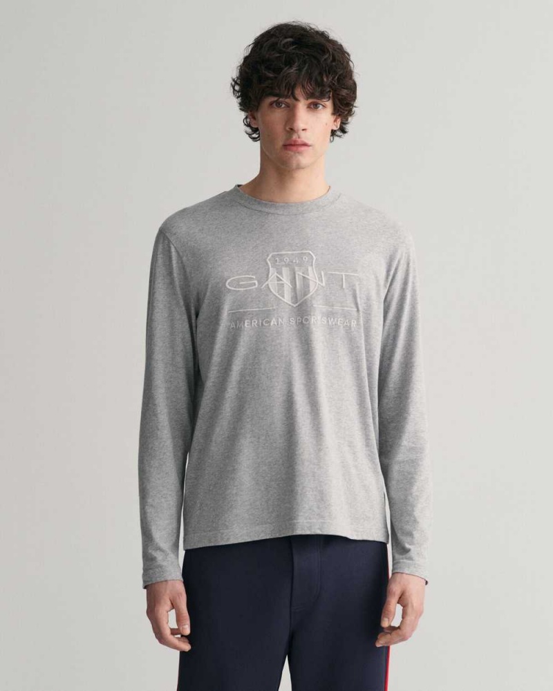 Gant Tonal Archive Shield Long Sleeve Men\'s T-Shirt Grey Melange | BCIKD-0295