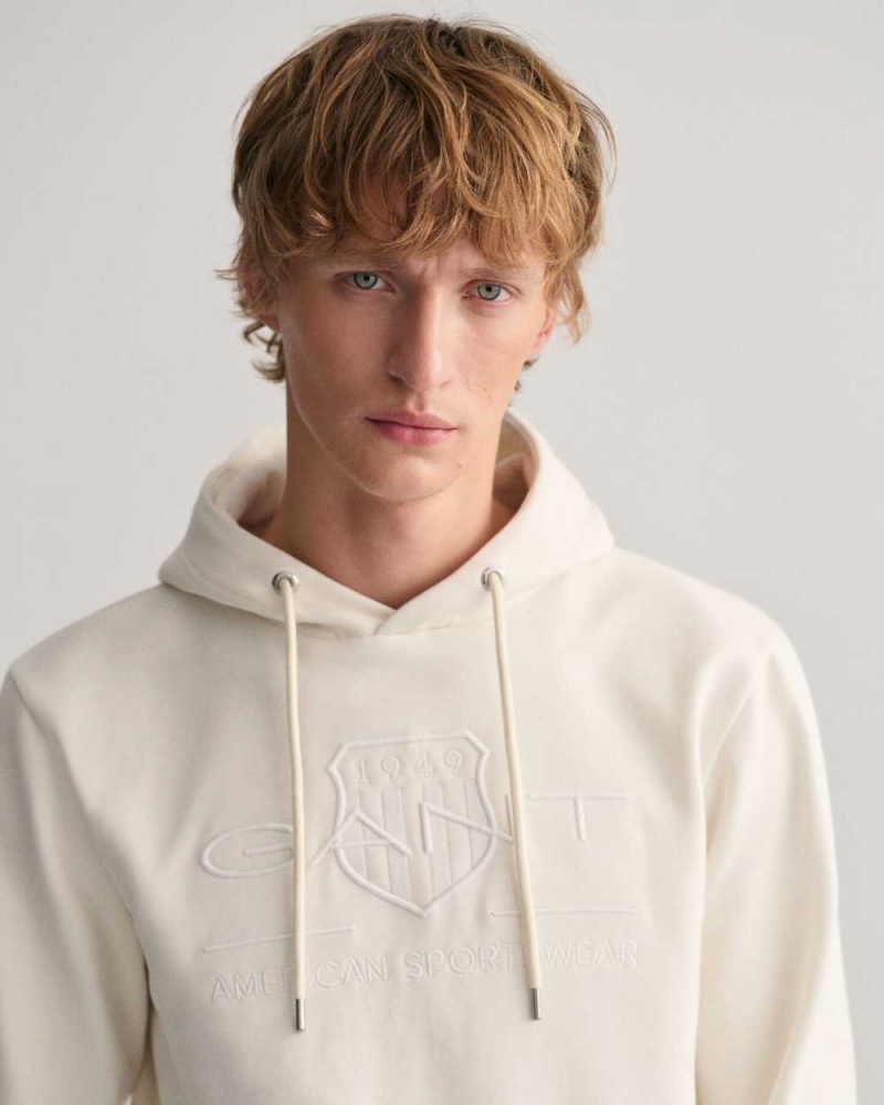 Gant Tonal Archive Shield Men's Hoodie Beige White | QLGDZ-3864