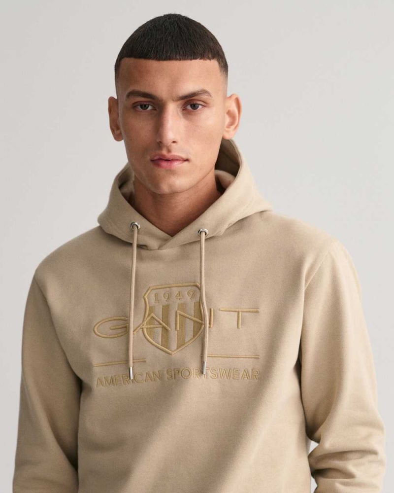 Gant Tonal Archive Shield Men's Hoodie Concrete Beige | BXQMC-6759