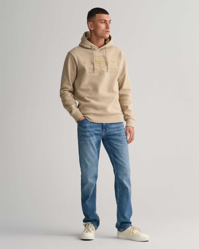 Gant Tonal Archive Shield Men's Hoodie Concrete Beige | BXQMC-6759