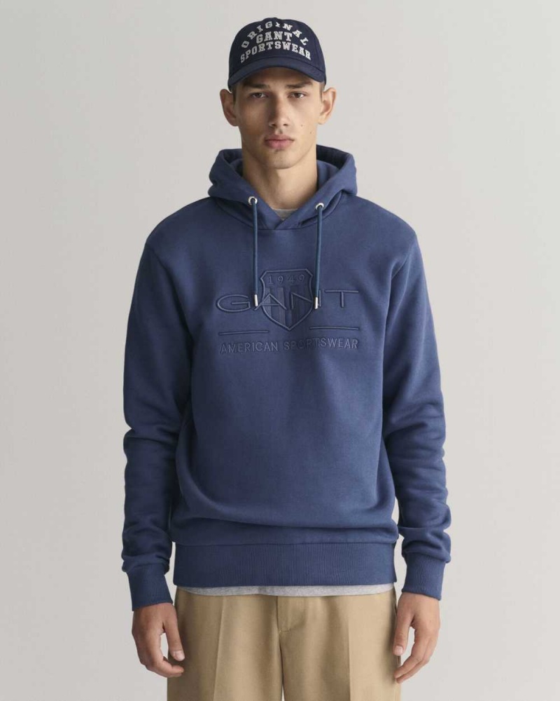 Gant Tonal Archive Shield Men\'s Hoodie Dusty Blue Sea | CFRSL-3085