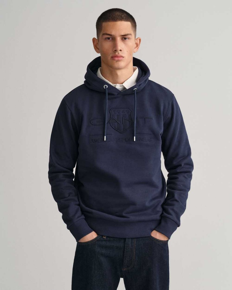 Gant Tonal Archive Shield Men\'s Hoodie Evening Blue | LVSXY-9127