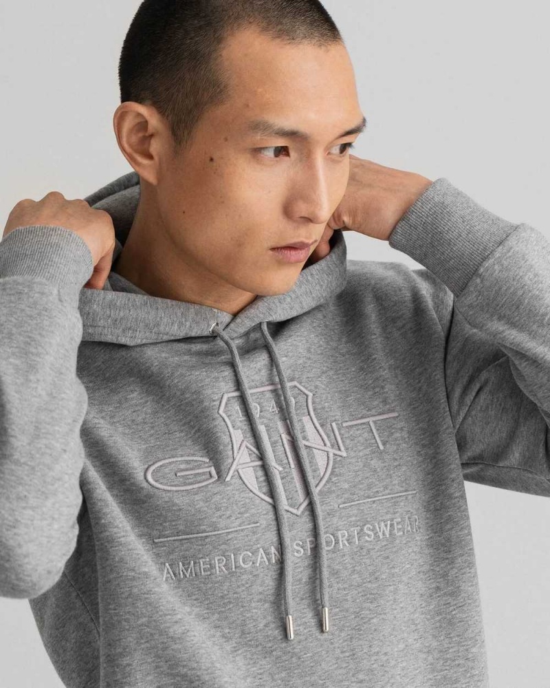 Gant Tonal Archive Shield Men's Hoodie Grey Melange | HGVMN-6705