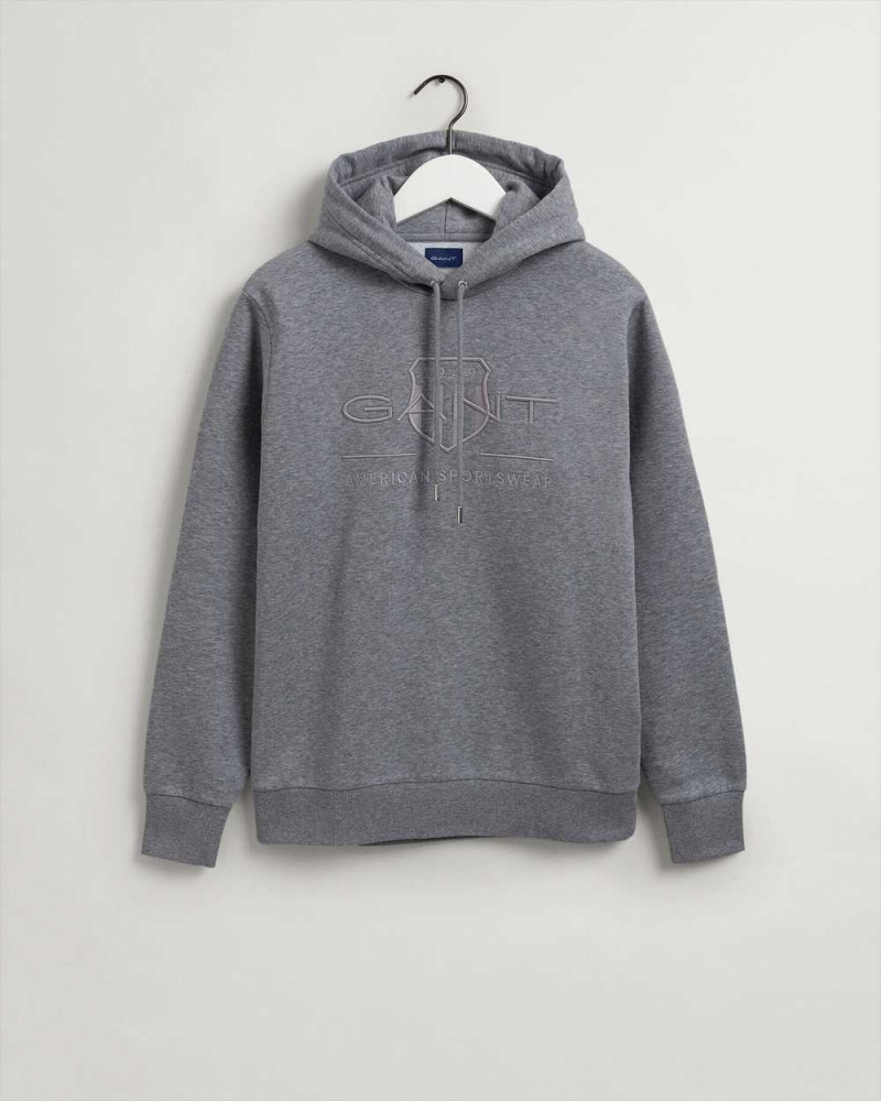 Gant Tonal Archive Shield Men's Hoodie Grey Melange | HGVMN-6705