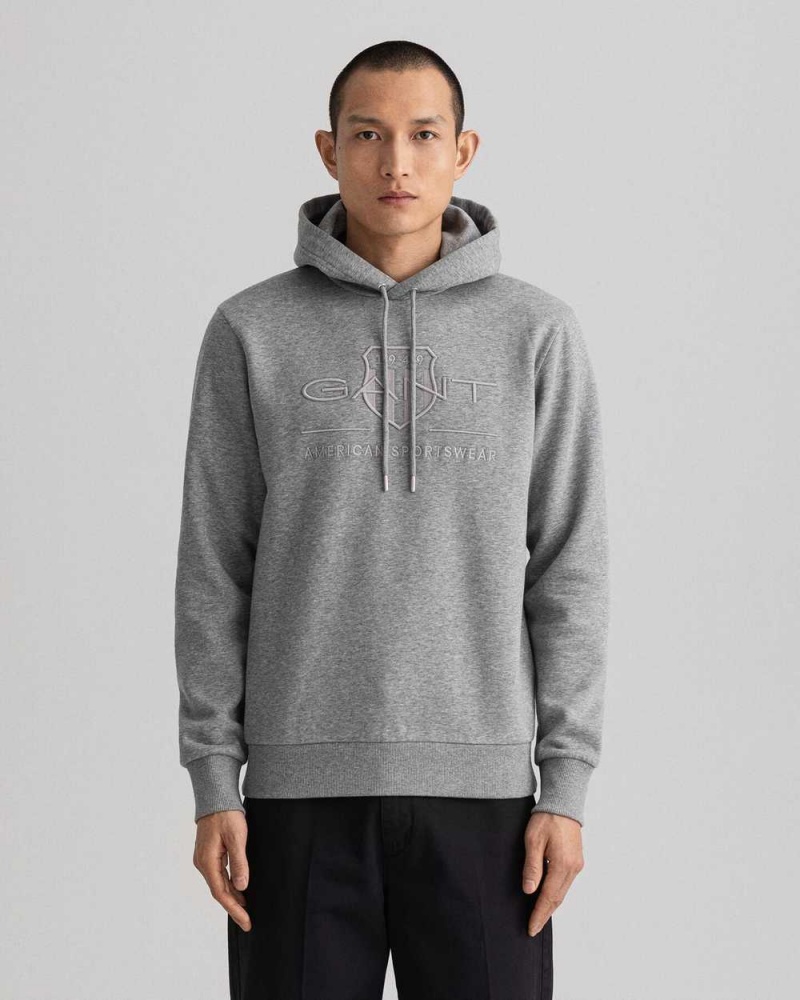 Gant Tonal Archive Shield Men\'s Hoodie Grey Melange | HGVMN-6705