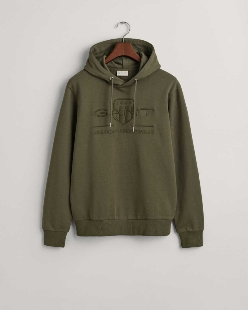 Gant Tonal Archive Shield Men\'s Hoodie Juniper Green | LNMDR-8203