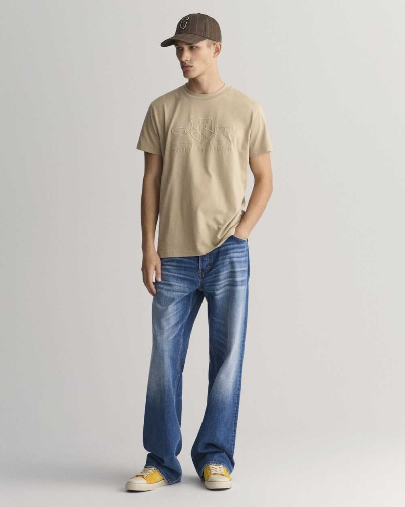 Gant Tonal Archive Shield Men's T-Shirt Concrete Beige | PWSQR-7230