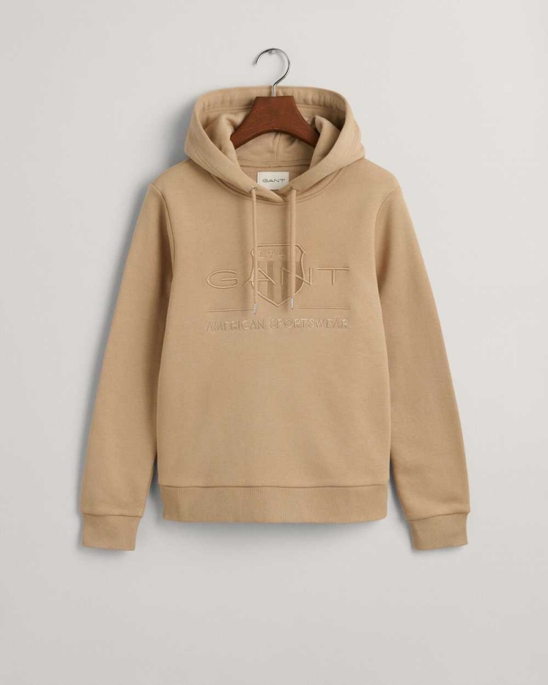 Gant Tonal Archive Shield Women\'s Hoodie Dark Khaki | POKQD-7314