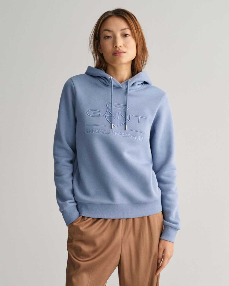 Gant Tonal Archive Shield Women\'s Hoodie Crystal Blue | UXDYQ-3485