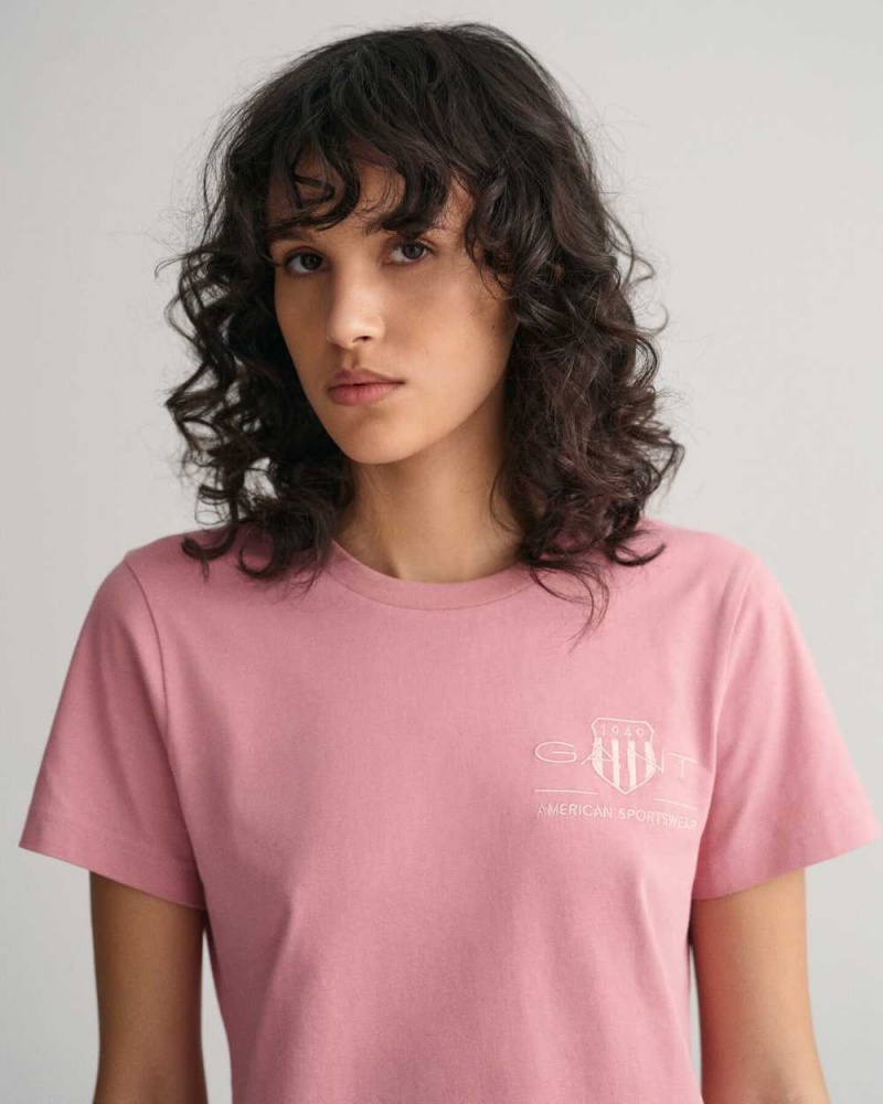 Gant Tonal Archive Shield Women's T-Shirt Faded Pink Melange | ASFCB-4927