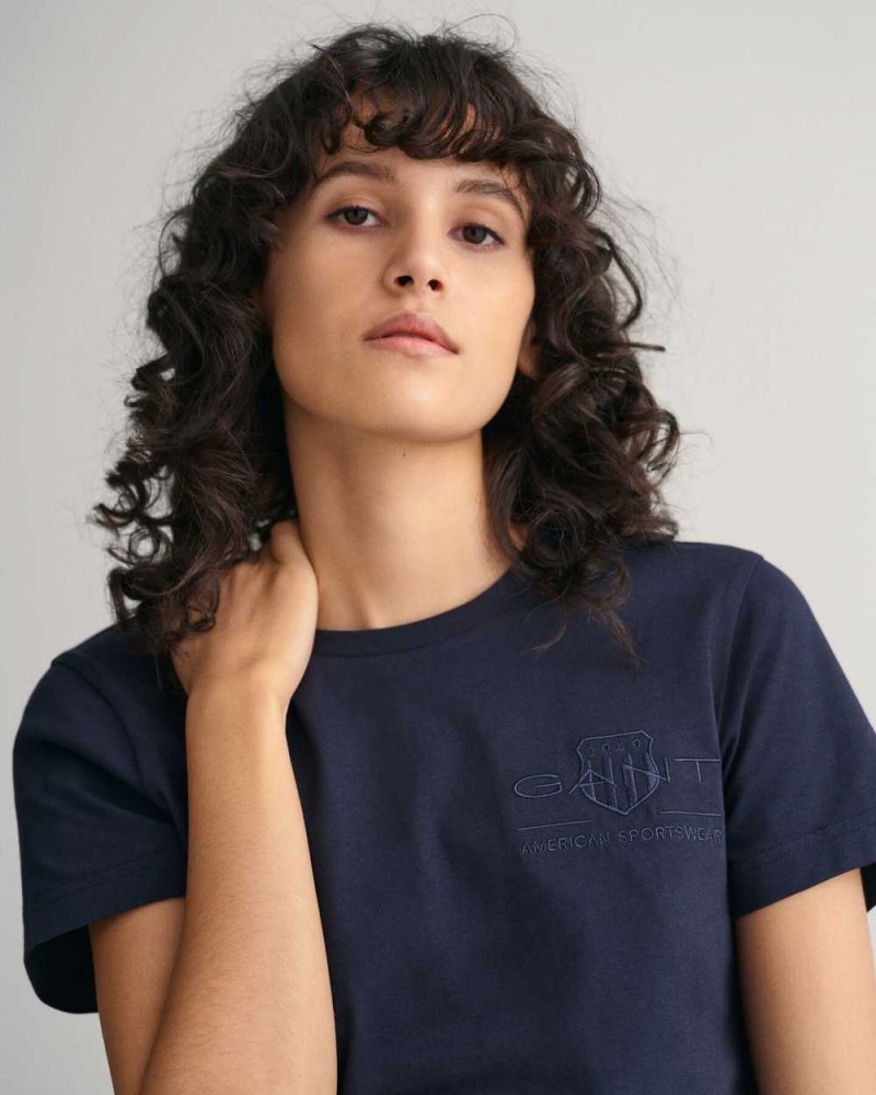 Gant Tonal Archive Shield Women's T-Shirt Evening Blue | TLBQK-6930