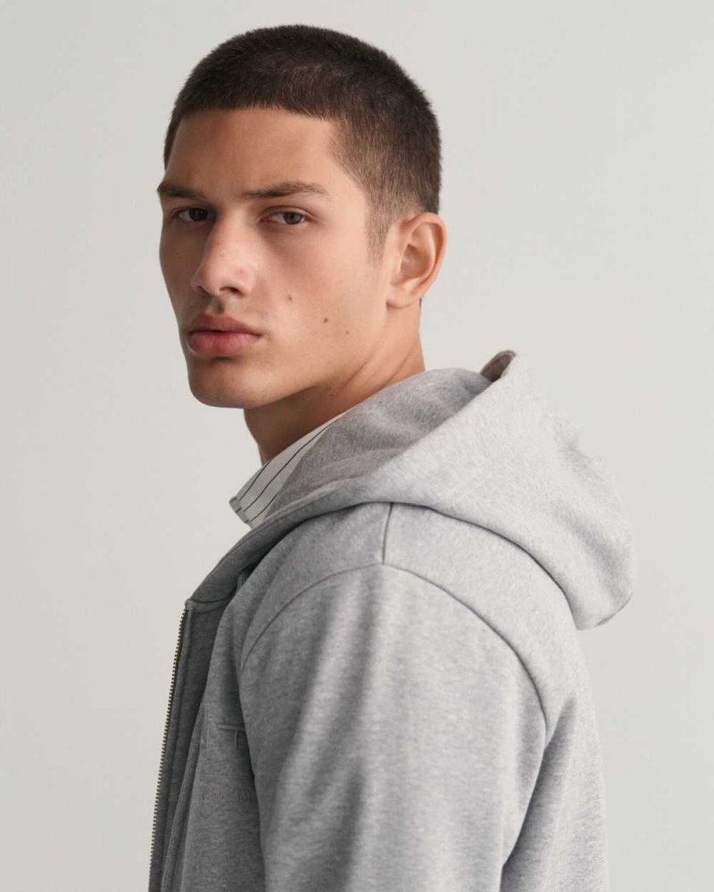 Gant Tonal Archive Shield Zip Men's Hoodie Grey Melange | DMSCJ-5396