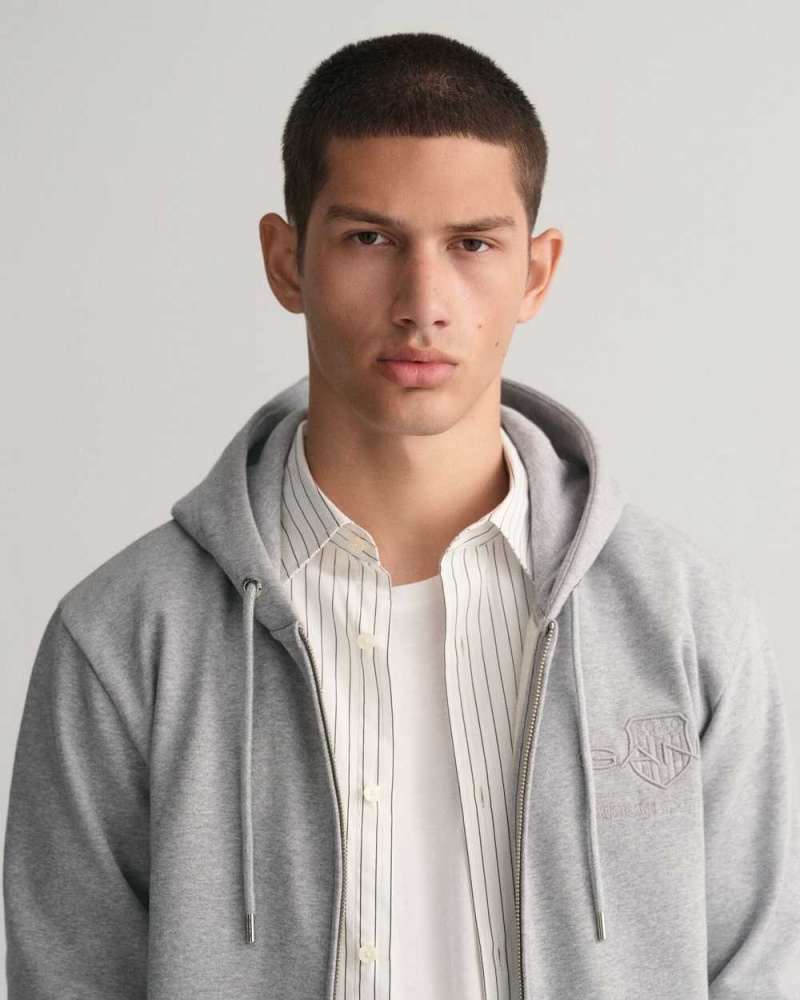 Gant Tonal Archive Shield Zip Men's Hoodie Grey Melange | DMSCJ-5396