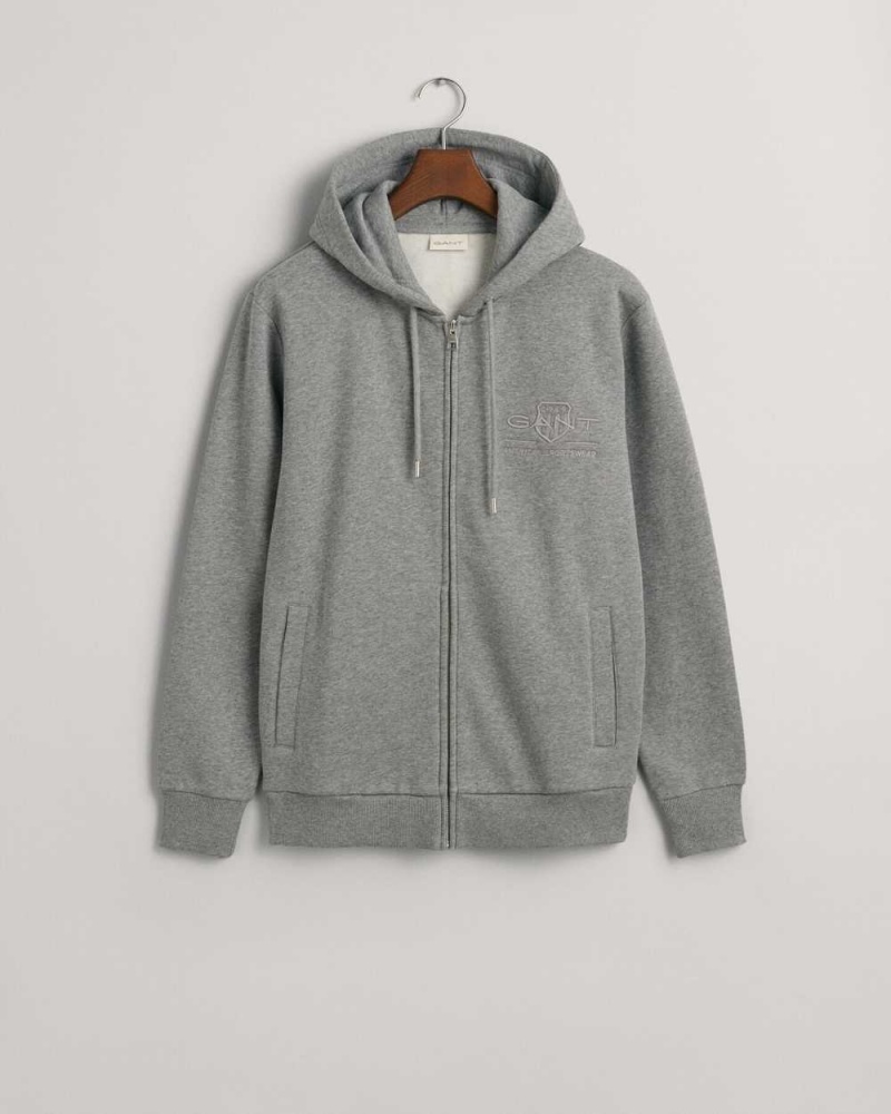 Gant Tonal Archive Shield Zip Men's Hoodie Grey Melange | DMSCJ-5396