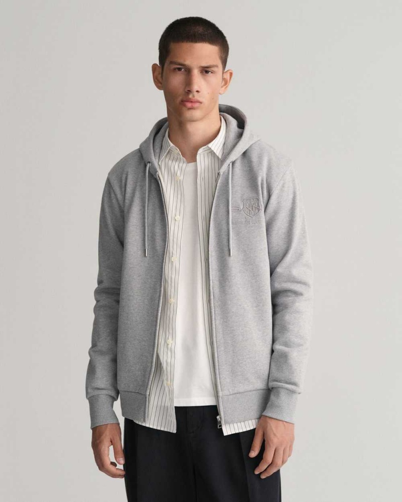 Gant Tonal Archive Shield Zip Men\'s Hoodie Grey Melange | DMSCJ-5396