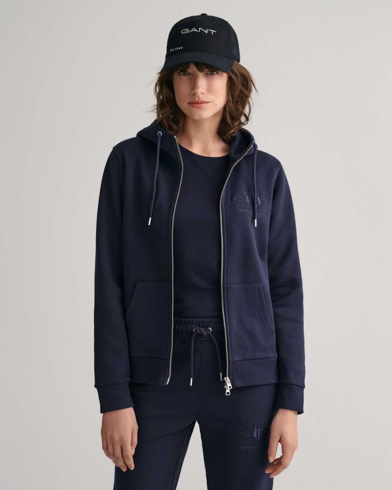 Gant Tonal Archive Shield Zip Women\'s Hoodie Evening Blue | BGNIH-9846