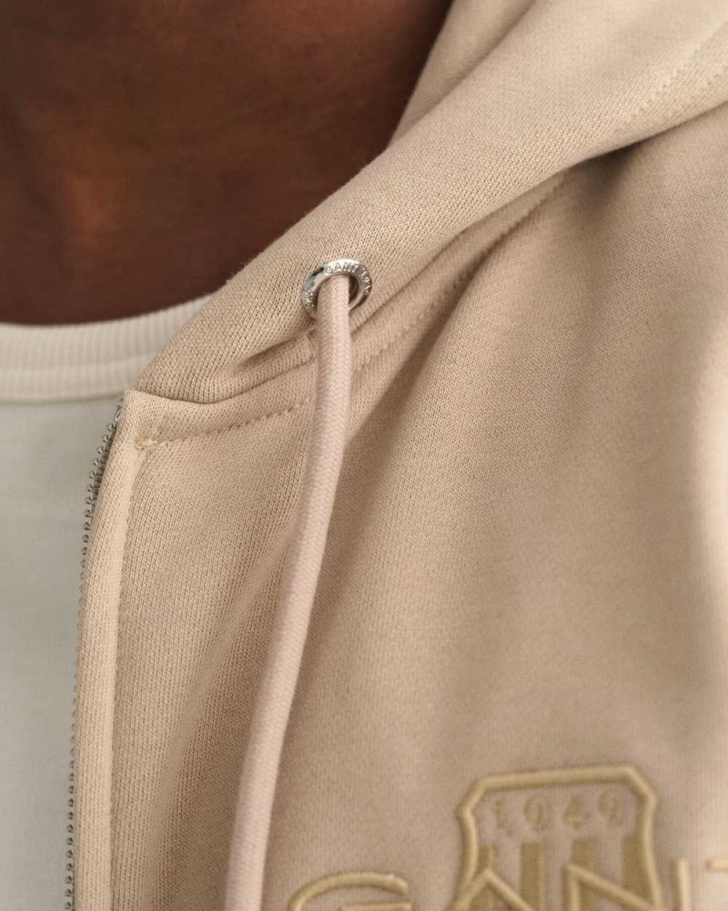 Gant Tonal Shield Zip Men's Hoodie Concrete Beige | ATNYI-5724