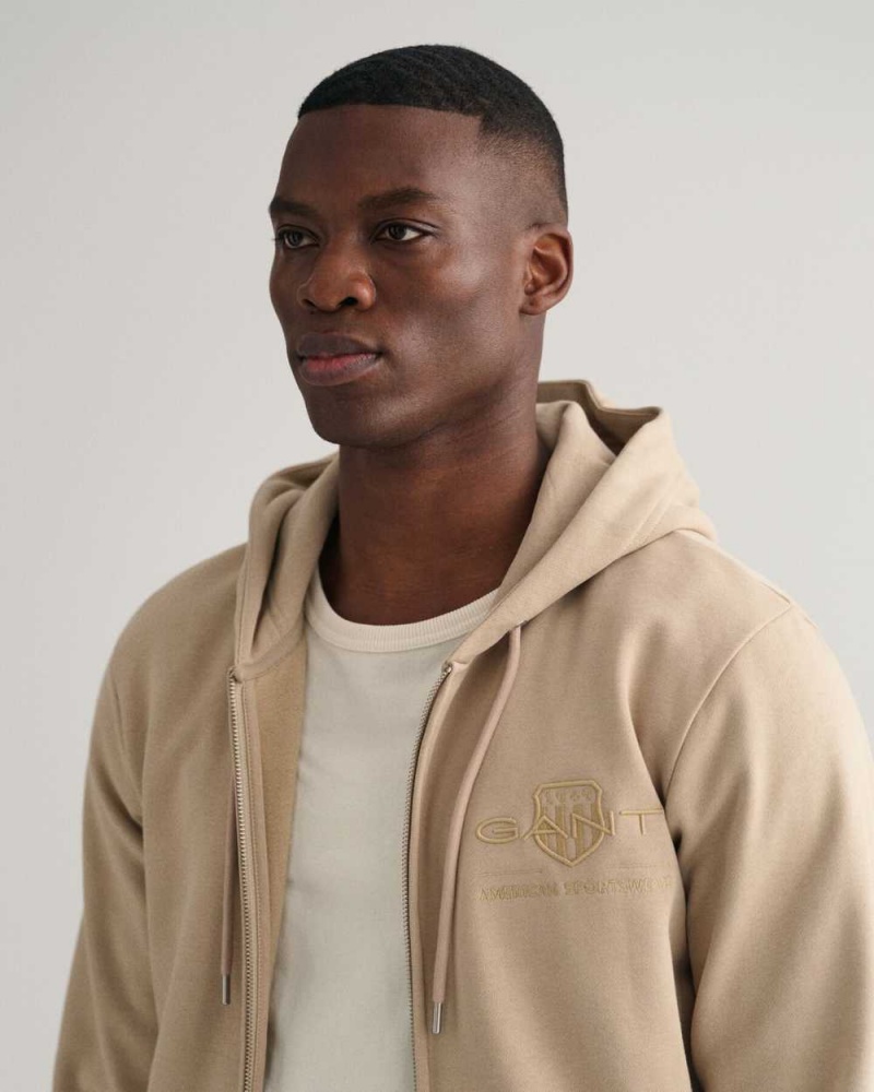 Gant Tonal Shield Zip Men's Hoodie Concrete Beige | ATNYI-5724