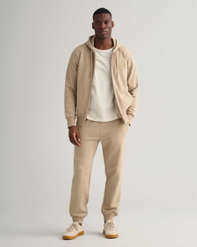 Gant Tonal Shield Zip Men's Hoodie Concrete Beige | ATNYI-5724