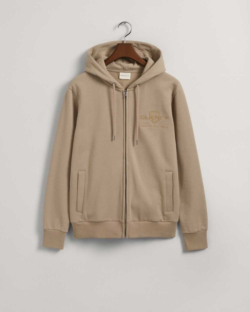 Gant Tonal Shield Zip Men's Hoodie Concrete Beige | ATNYI-5724