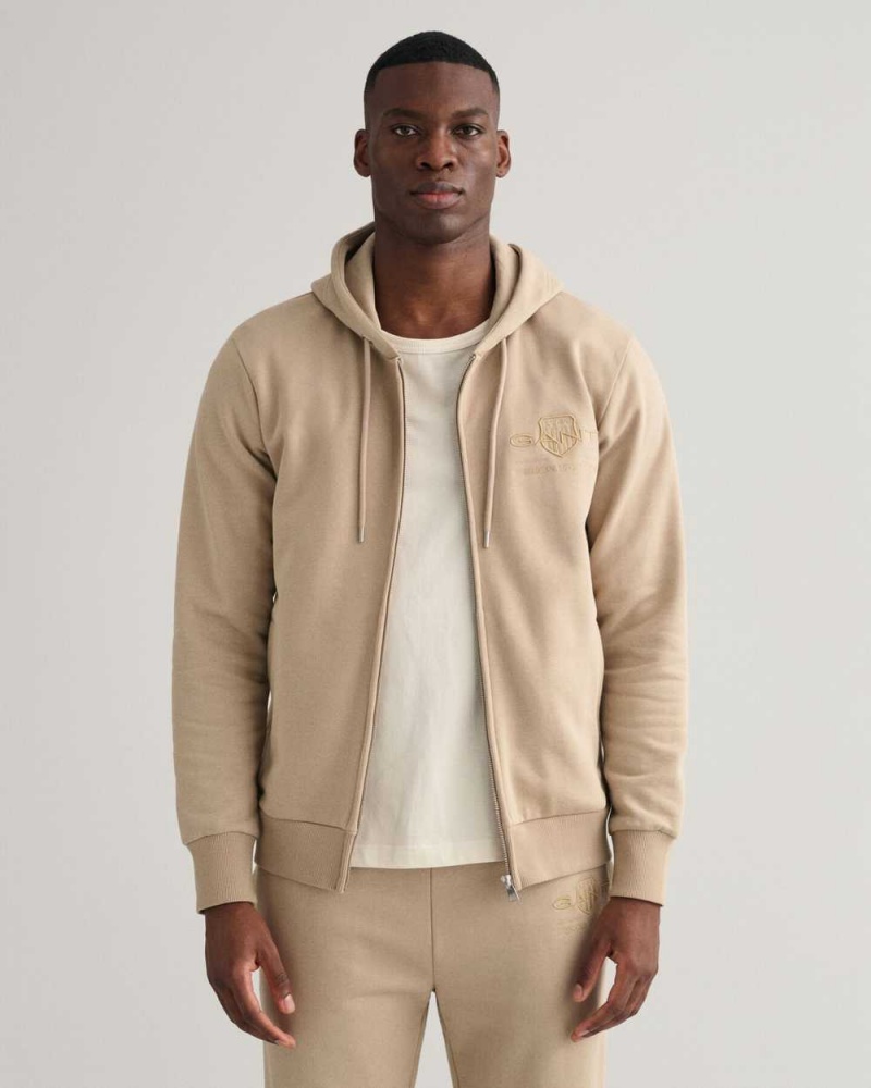 Gant Tonal Shield Zip Men\'s Hoodie Concrete Beige | ATNYI-5724